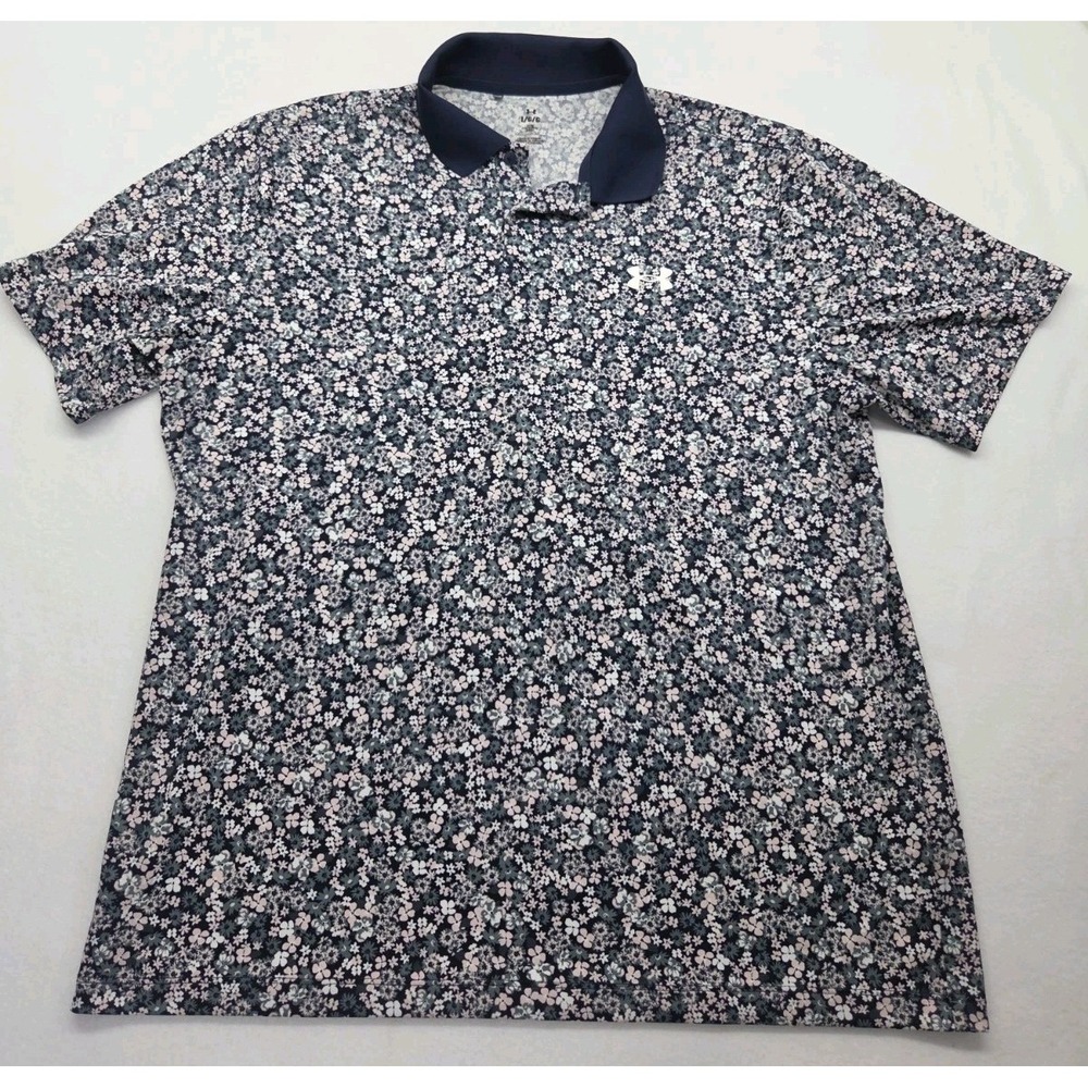 Under Armour Golf Polo Men Large Navy Pink Floral Performance Shirt Loose Fit